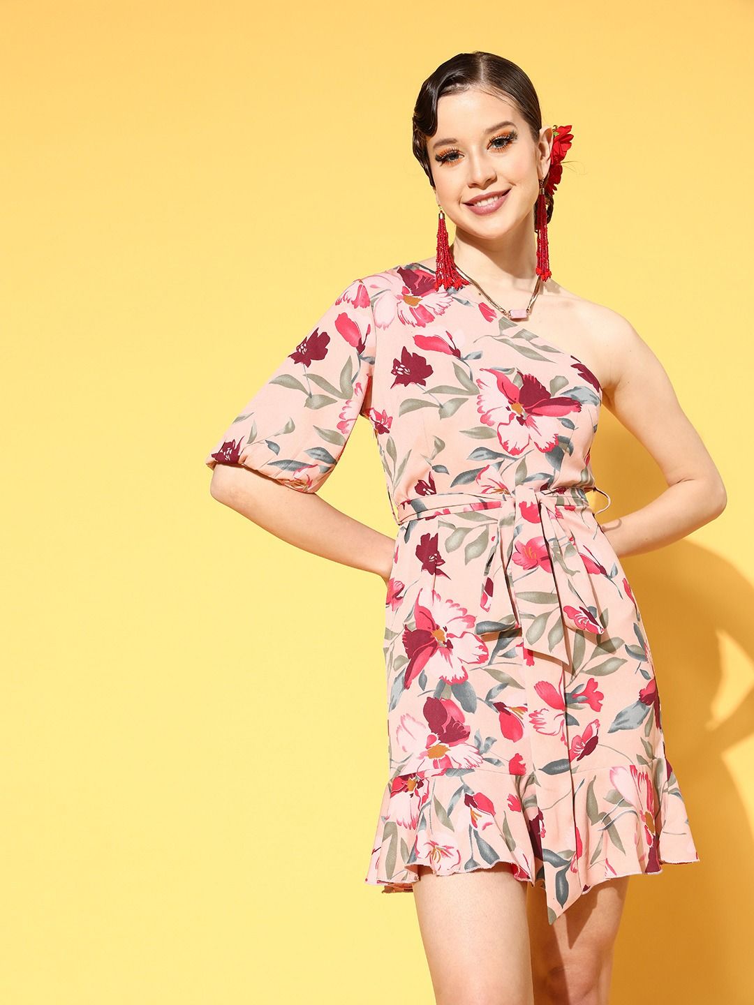 Berrylush Women Elegant Rose Floral New Neckline Dress