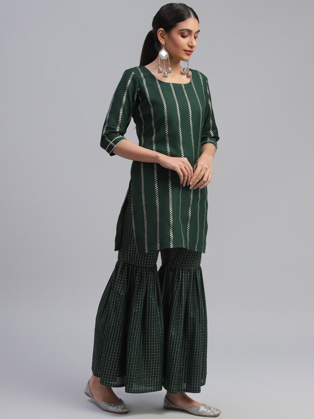 Libas Green Striped Kurti With Sharara & Dupatta