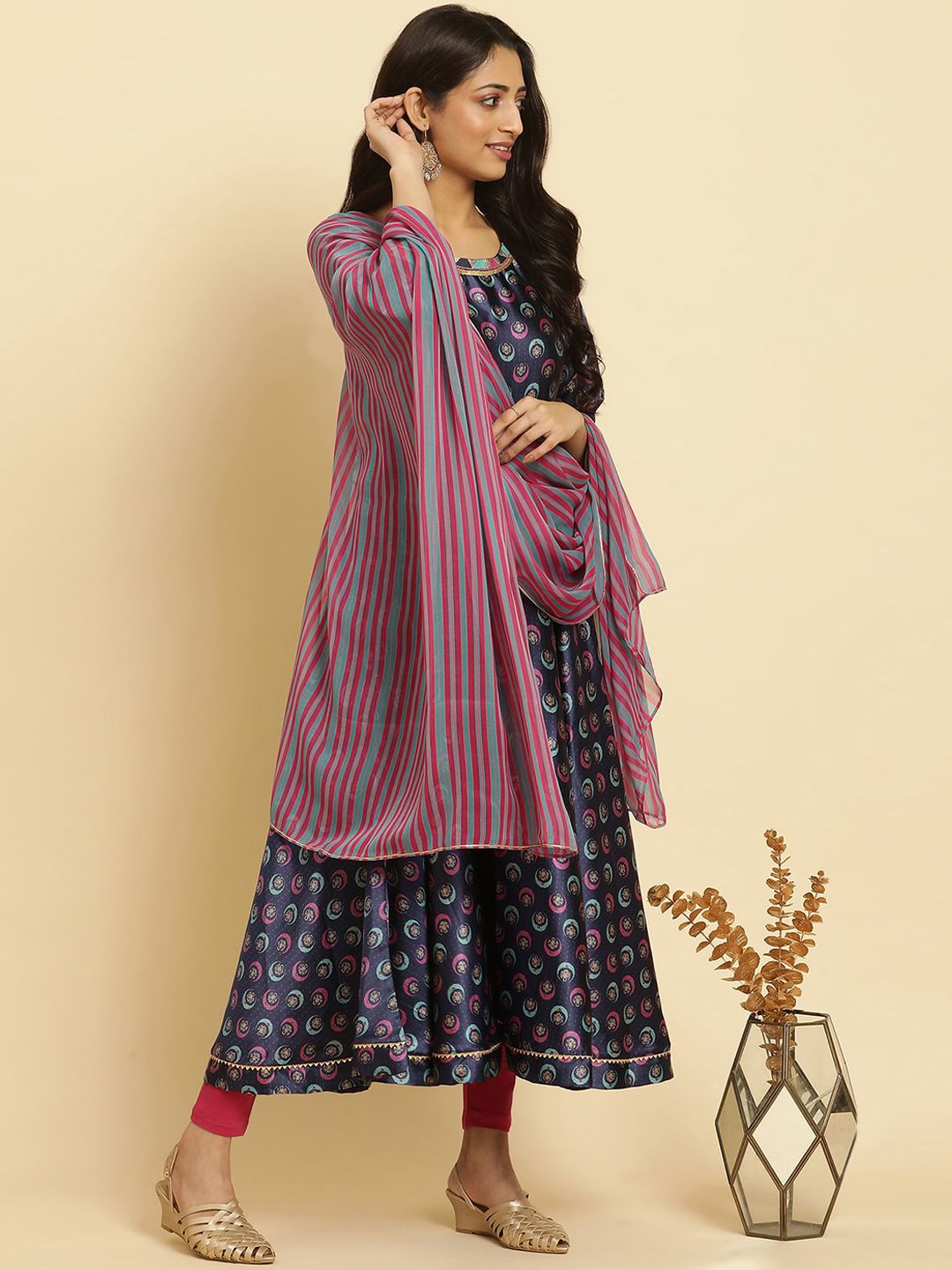 W Blue Ethnic Motifs Printed Regular Sequinned Kurta With Leggings And Dupatta
