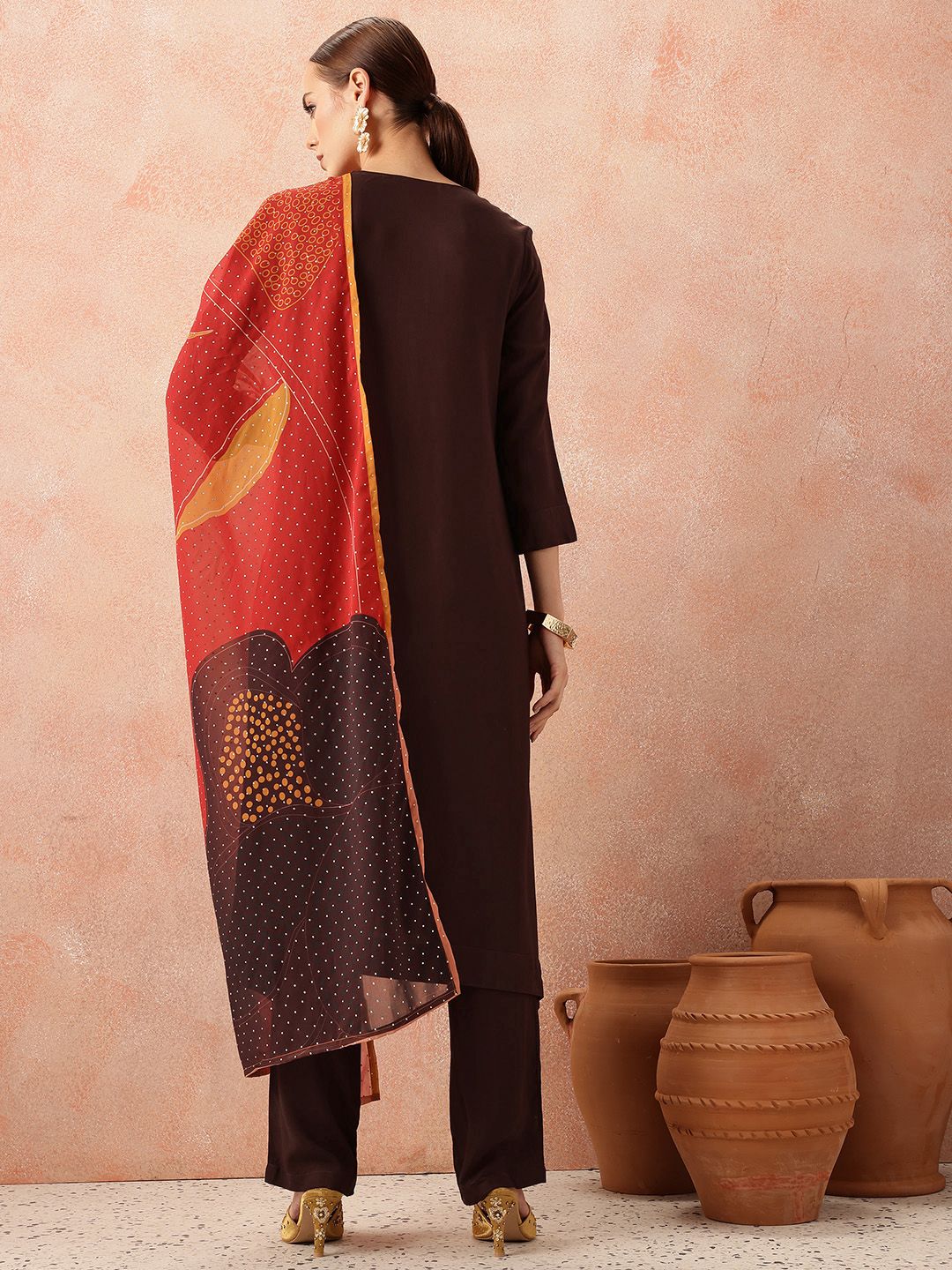 all about you Women Pleated Kurta with Trousers & Mukaish Dupatta