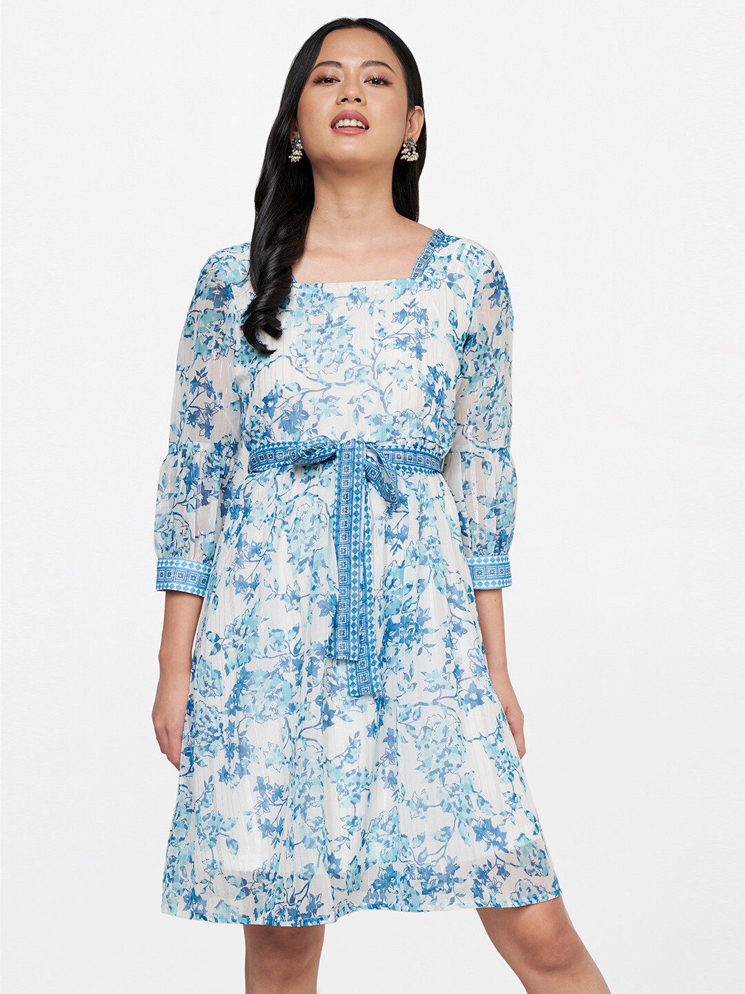 Global Desi Blue & White Floral A- Line Dress