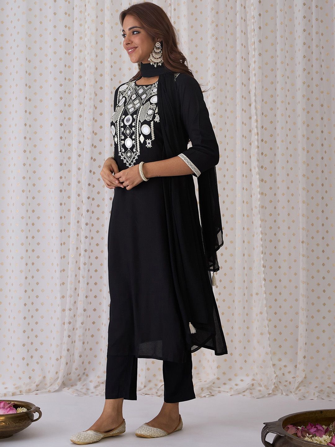 Indo Era Ethnic Embroidered Round Neck Straight Kurta with Trousers & Dupatta
