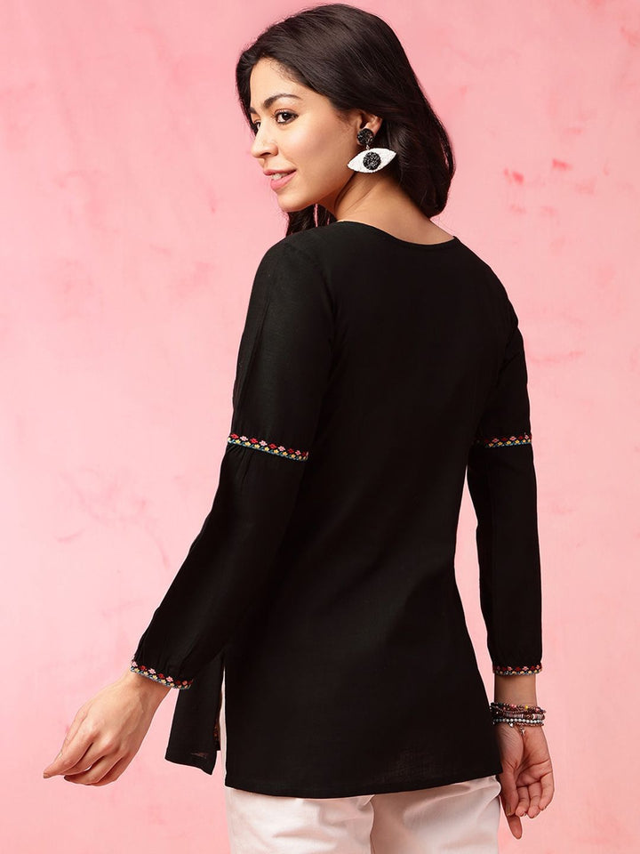 Anouk Black Geometric Embroidered Tie Up Neck Pure Cotton Short Kurti