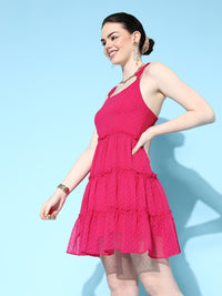 Berrylush Women Pink Dobby Tiered Georgette Mini Dress