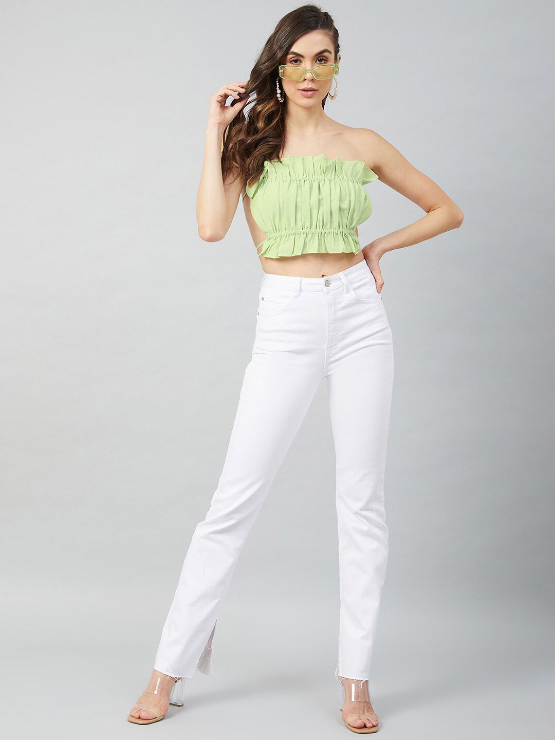 Athena Women Green Linen Tube Crop Top