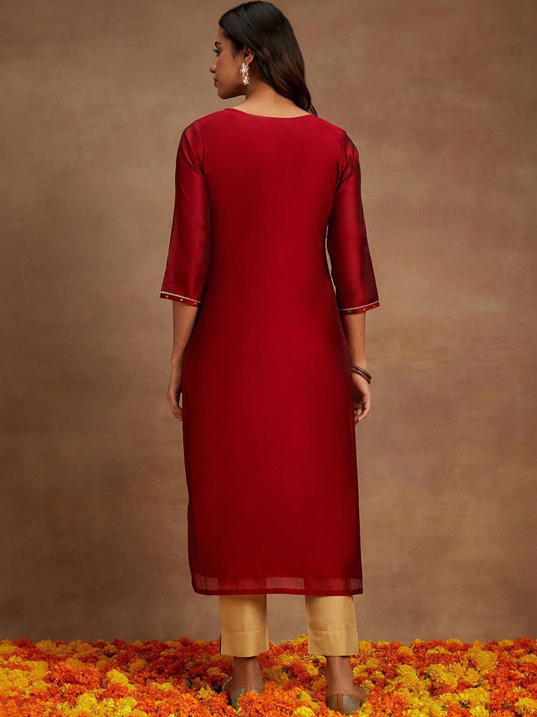 Libas Ethnic Motifs Woven Design Thread Work Detail Chanderi Silk Straight Kurta