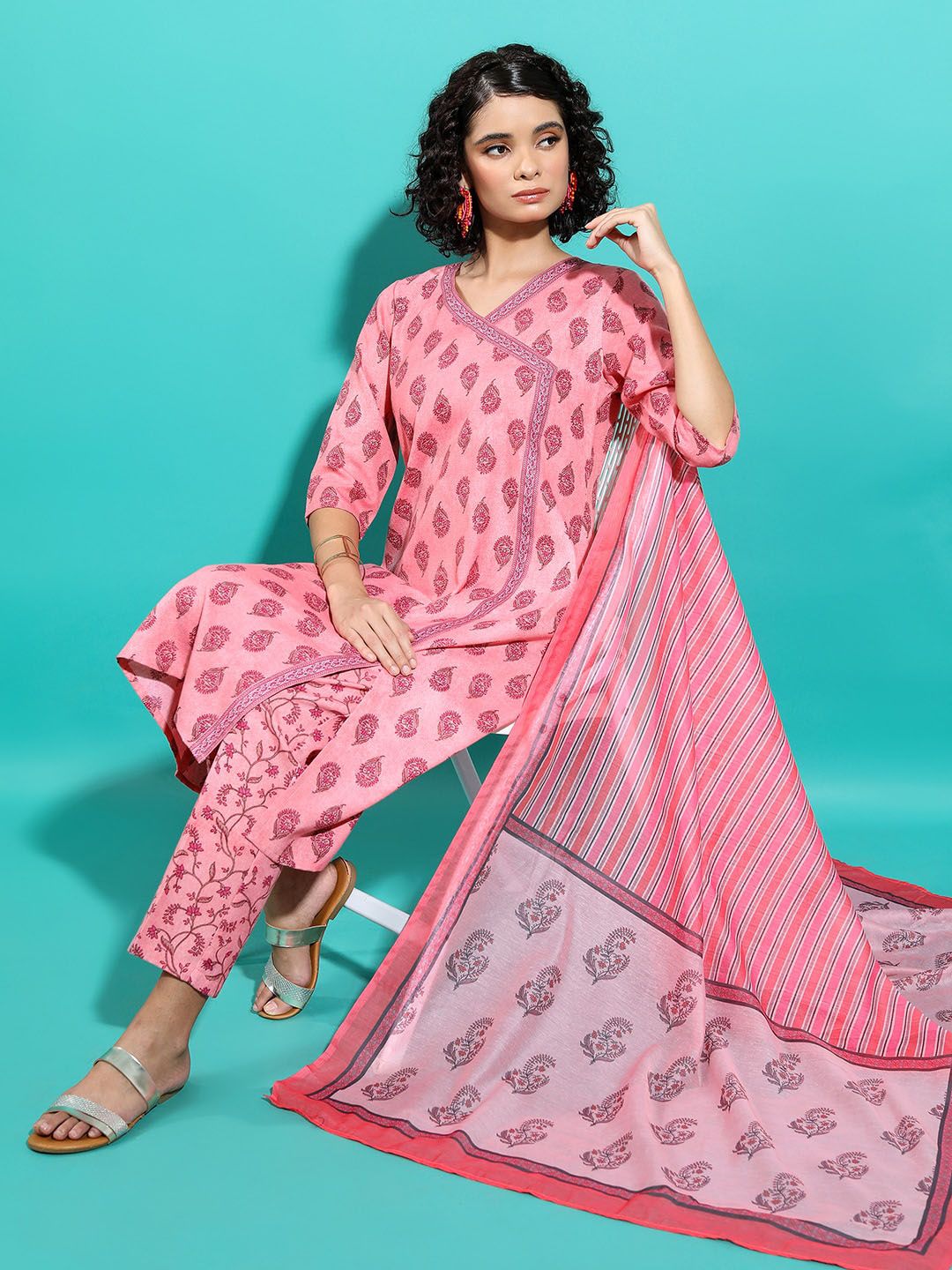 Vishudh Floral Printed Angrakha A-Line Kurta & Trousers With Dupatta
