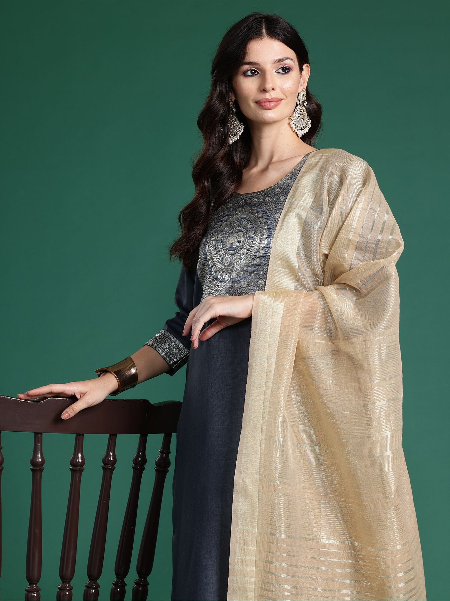 Indo Era Floral Printed Straight Kurta with Trouser And Dupatta