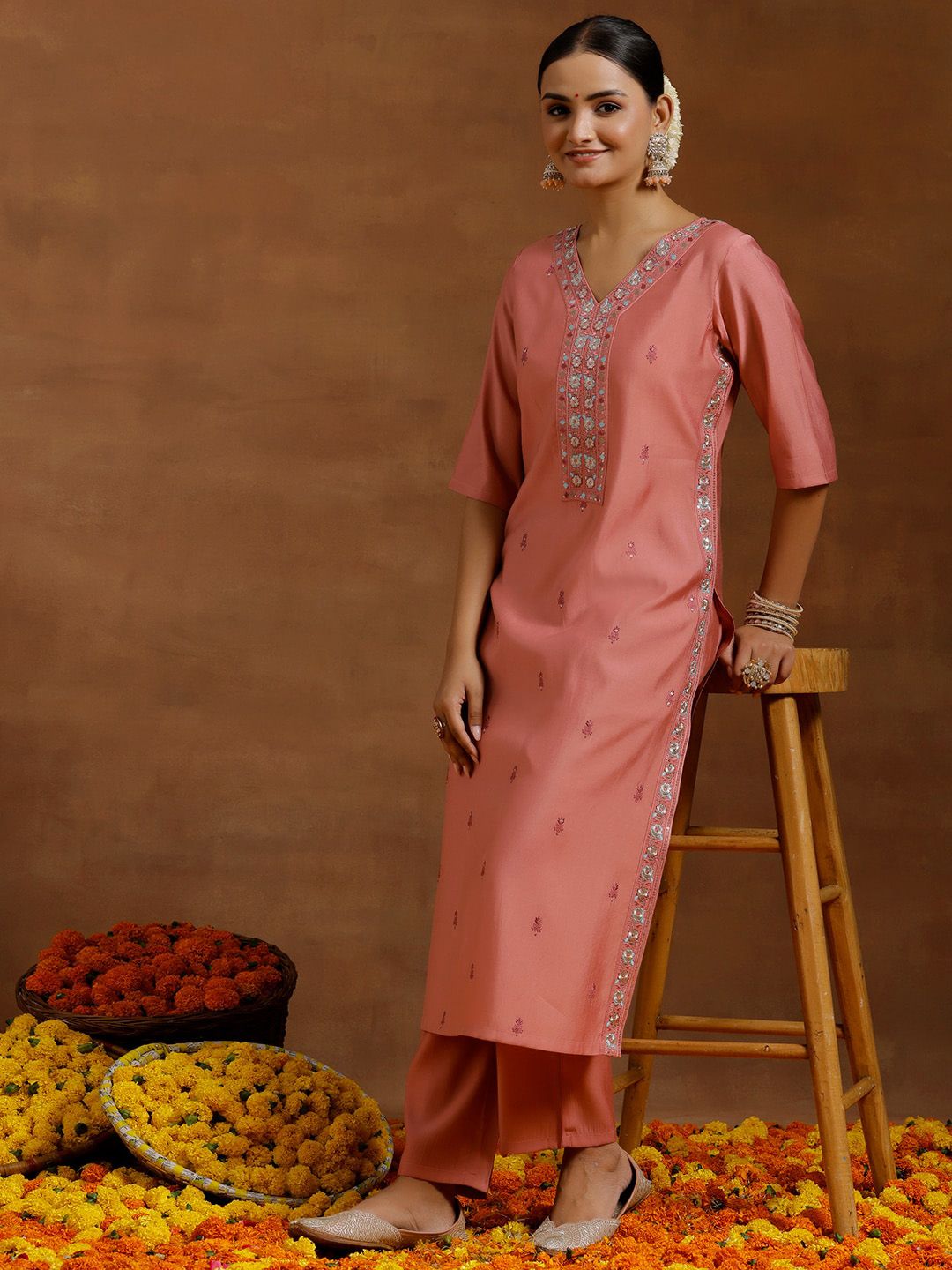 Libas Ethnic Motifs Floral Embroidered Straight Kurta with Trousers