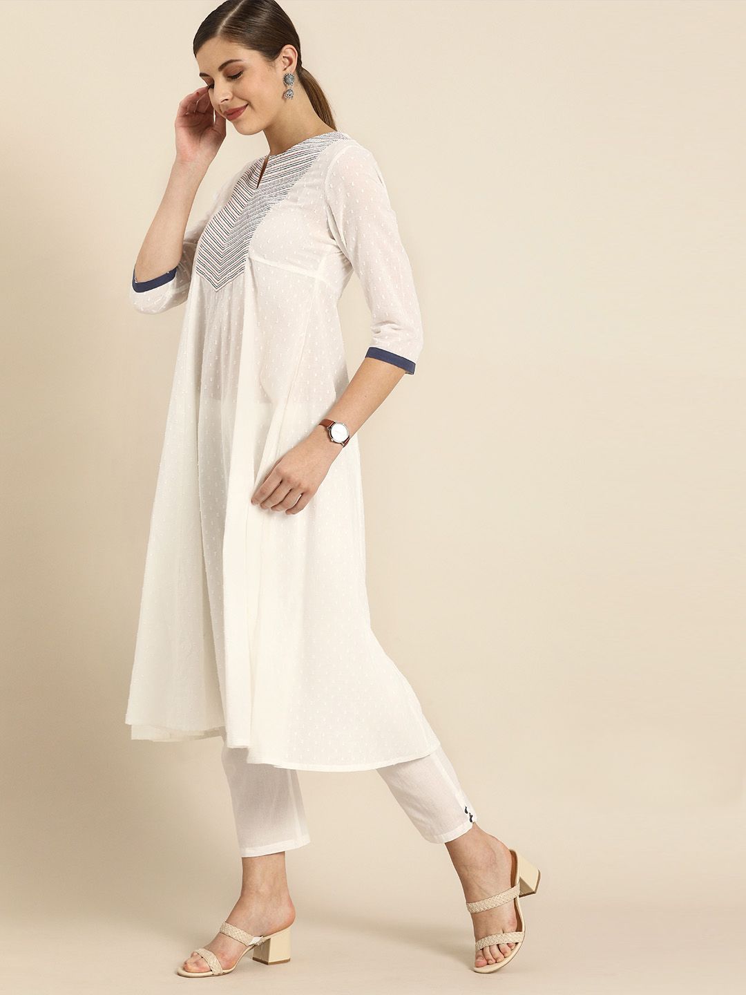 Anouk Women White Woven Design Kurta with Trousers & Dupatta
