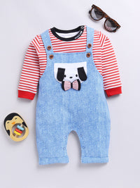 Moms Love Infant Boys Pure Cotton Dungaree With Striped T-shirt