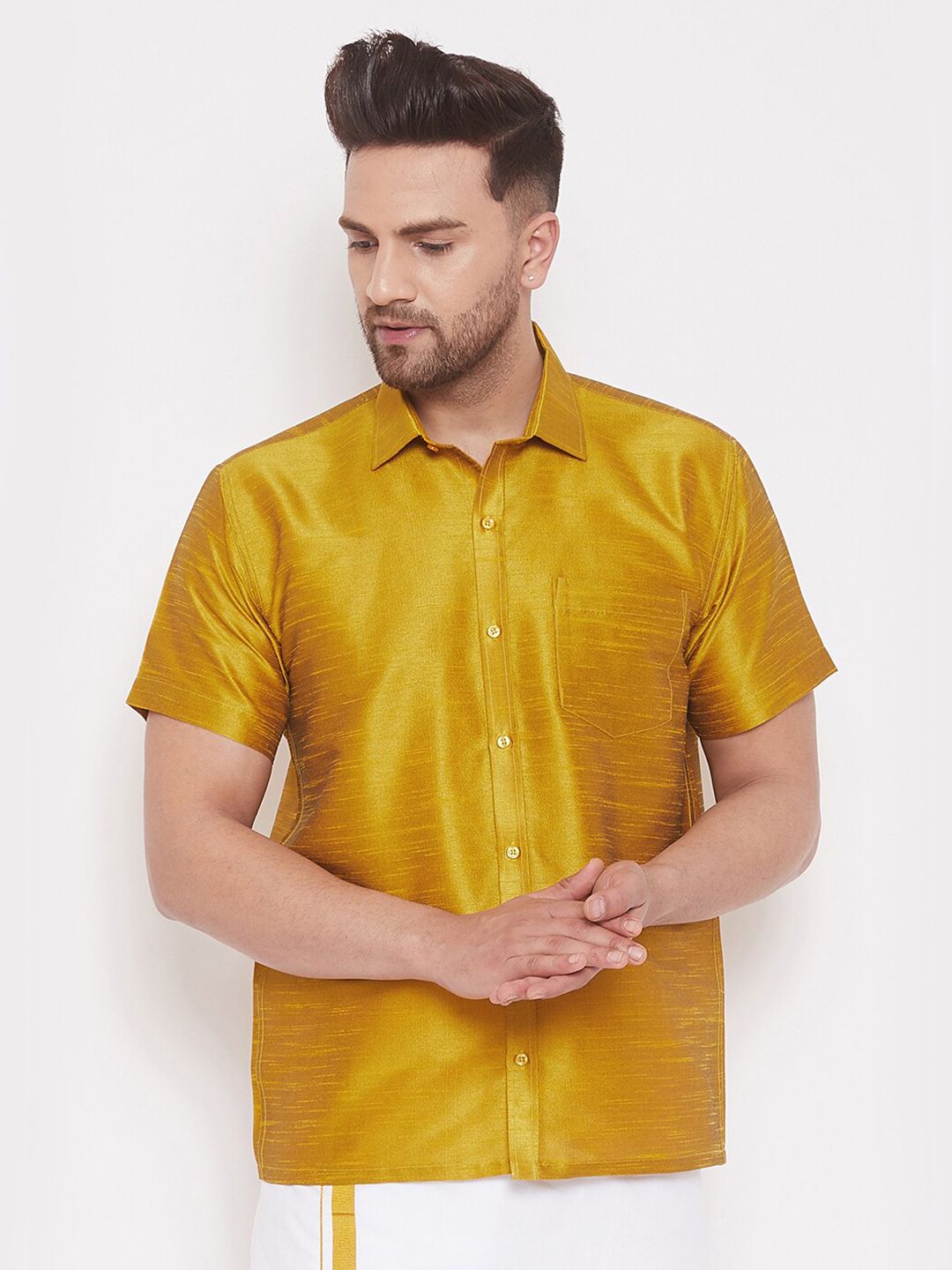 VASTRAMAY Premium Spread Collar Silk Shirt