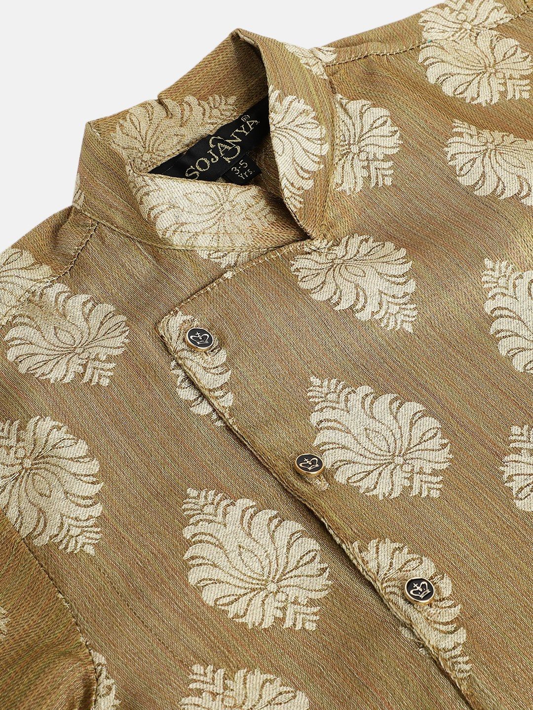 SOJANYA Boys Beige Woven Design Mandarin Collar Jacquard Straight Kurta