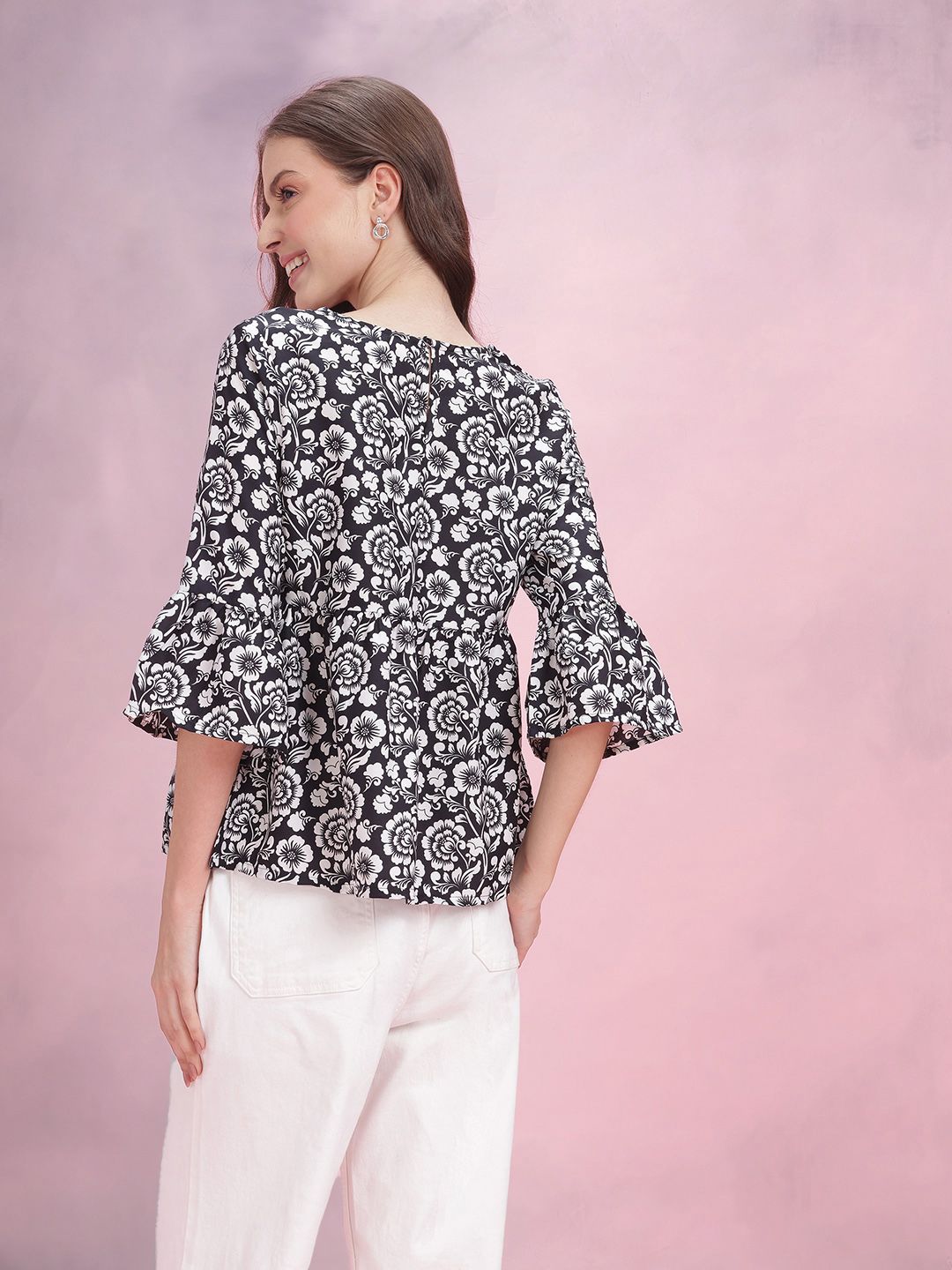 DressBerry Floral Print Bell Sleeve Peplum Top