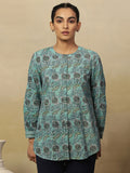 W Blue Floral Printed Mandarin Collar Shirt Style Cotton Top