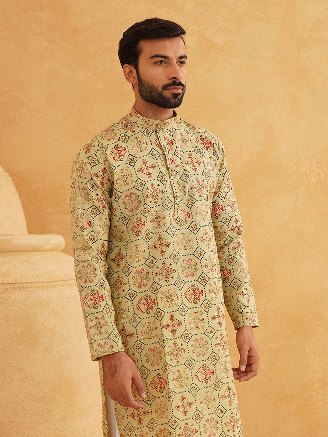 SOJANYA Geometric Printed Band Collar Leher Regular Cotton Straight Kurta