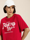 DILLINGER Women Red & White Typography Printed Pure Cotton Oversized T-shirt