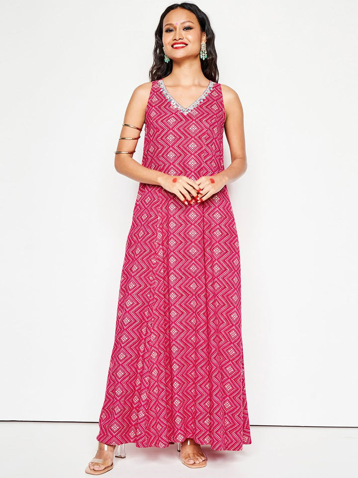 Global Desi Ethnic Printed Thread Work Fit & Flared Maxi Ethnic Dress