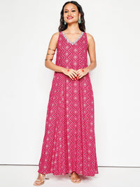 Global Desi Ethnic Printed Thread Work Fit & Flared Maxi Ethnic Dress