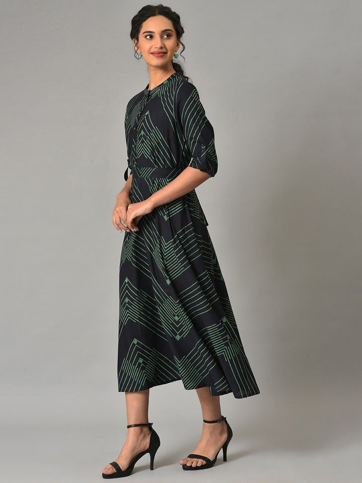 W Geometric Printed Roll-Up Sleeves Midi Dress