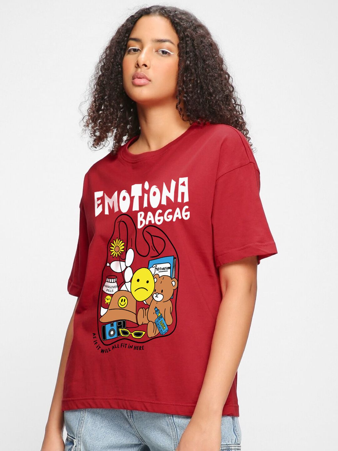Bewakoof  Red Graphic Printed Cotton Oversized Fit T-shirt