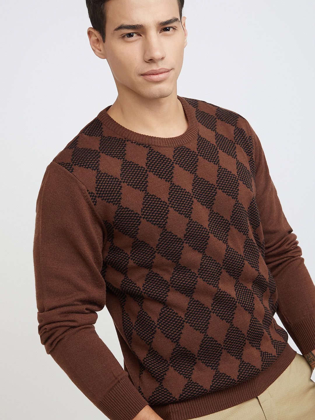 Raymond Men Brown & Black Geometric Patterned Pullover