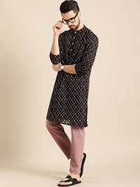 Anouk Men Black & Mustard Yellow Geometric Printed Kurta