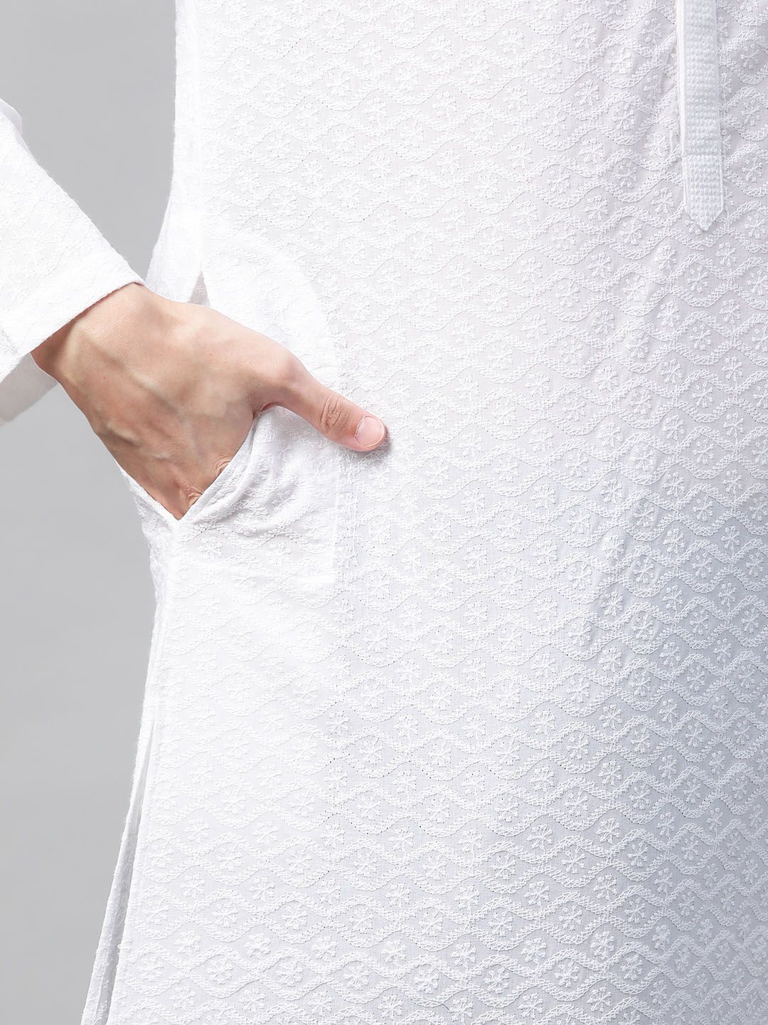 See Designs Men White Ethnic Motifs Chikankari Embroidered Straight Kurta