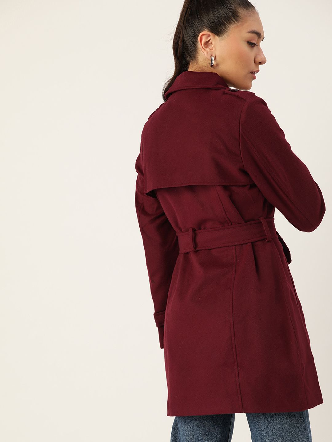 DressBerry Women Burgundy Solid Hip Length Overcoat