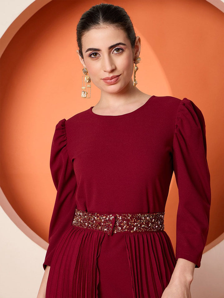 Antheaa Red Round Neck Puff Sleeves Sequinned A Line Dress