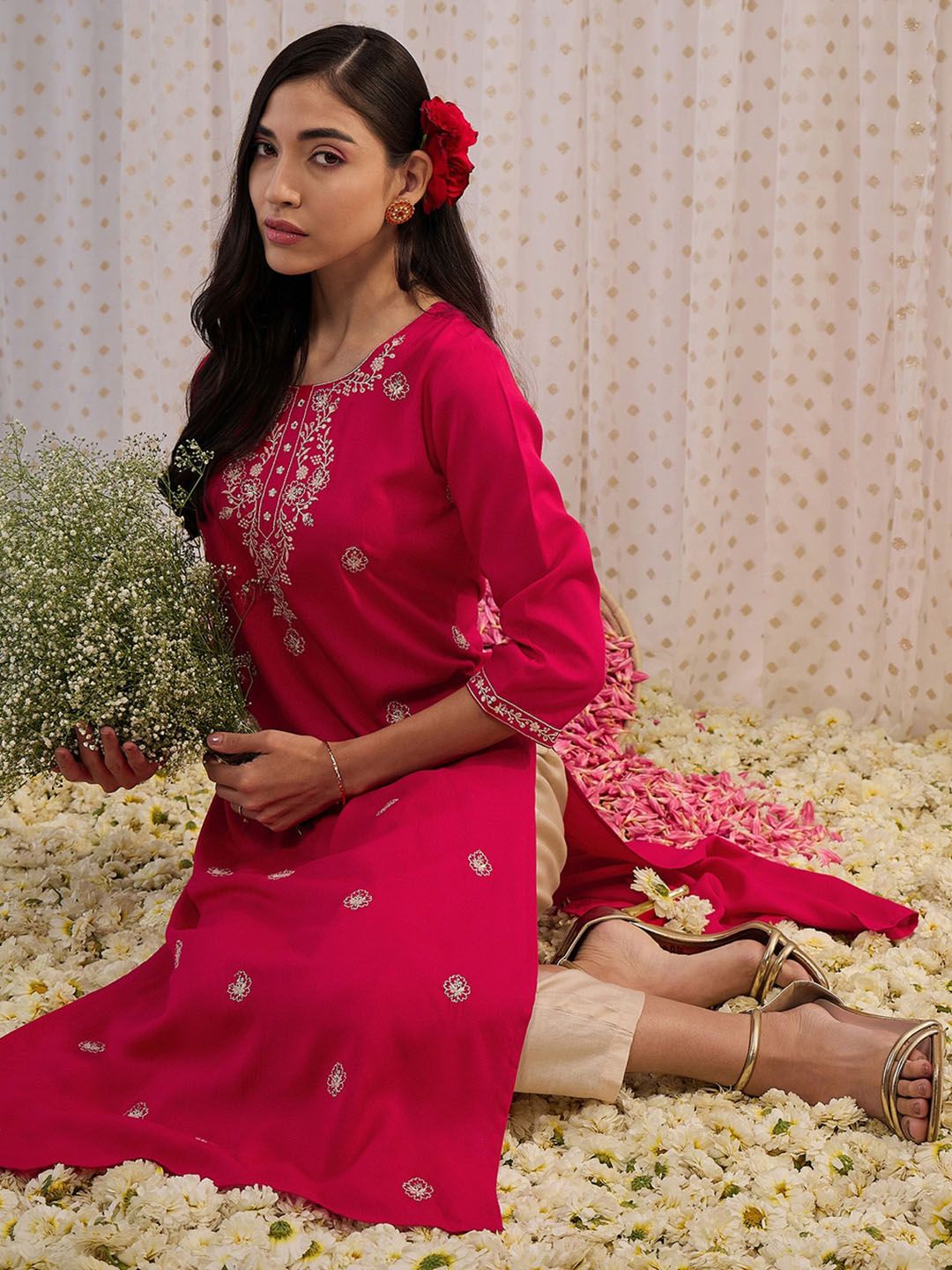 Indo Era Floral Embroidered Round Neck Three-Quarter Sleeves Floral Kurta