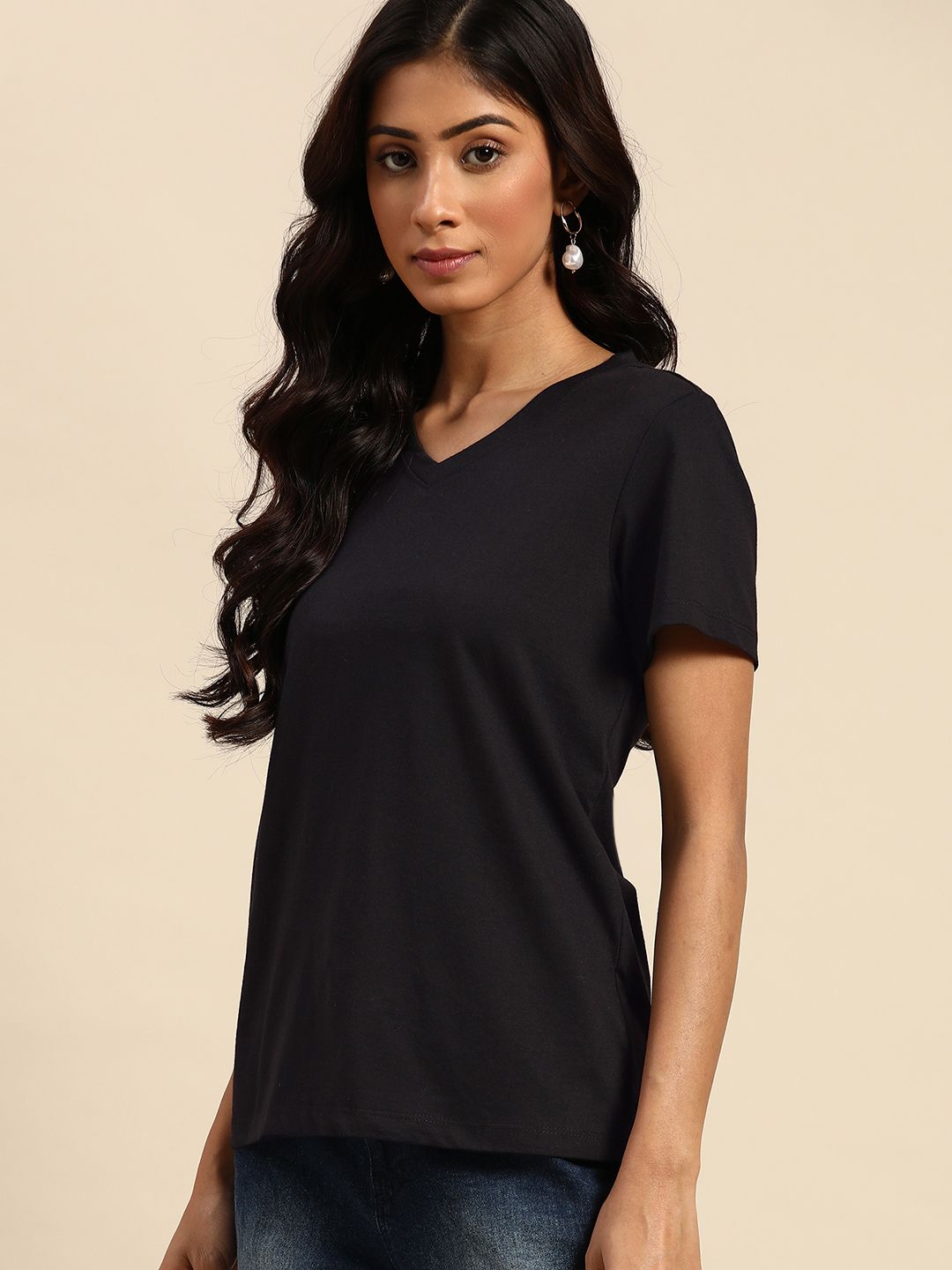 all about you Women Black Solid V-Neck T-shirt