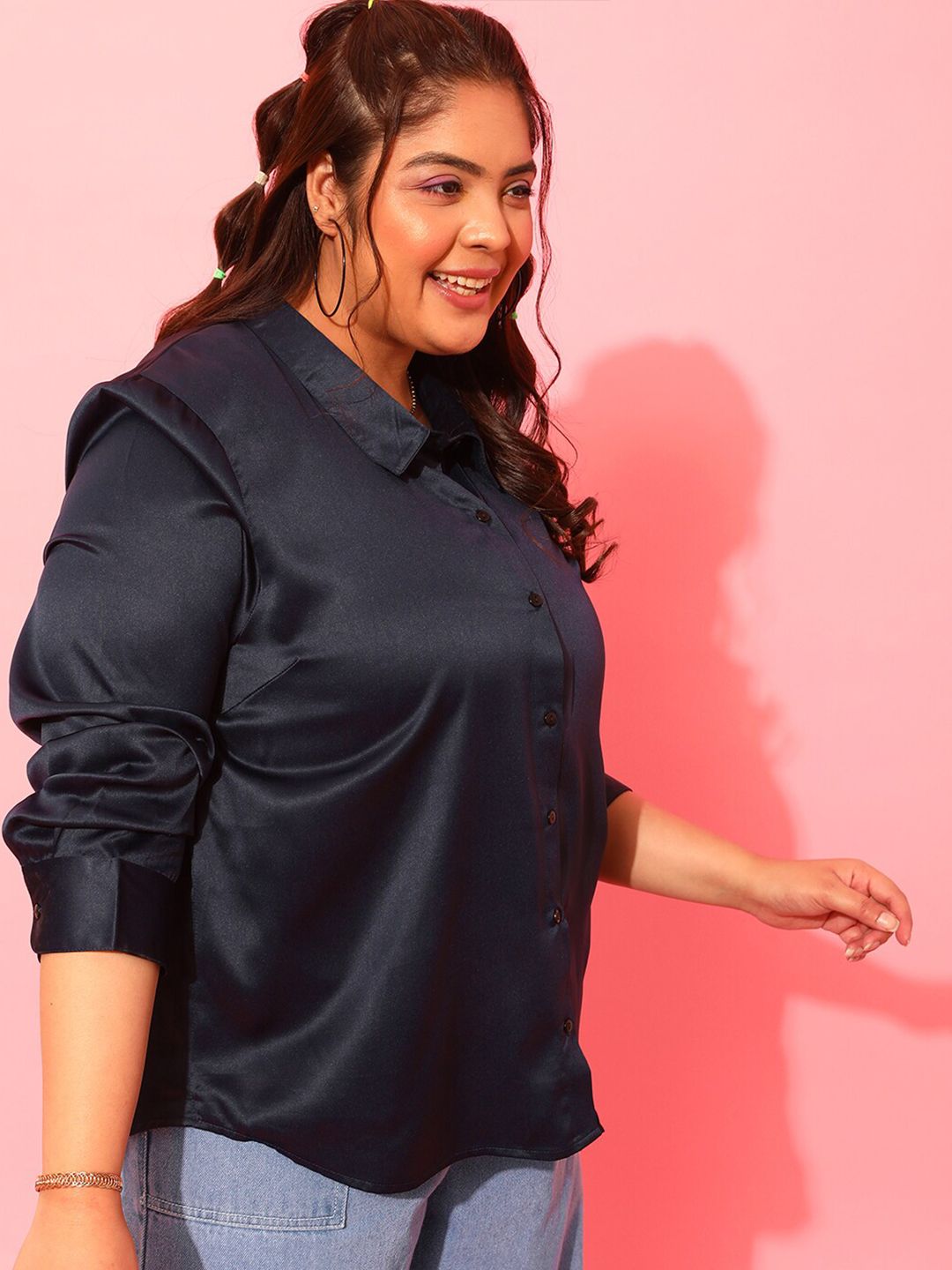 CURVY STREET Navy Blue Classic Opaque Casual Shirt