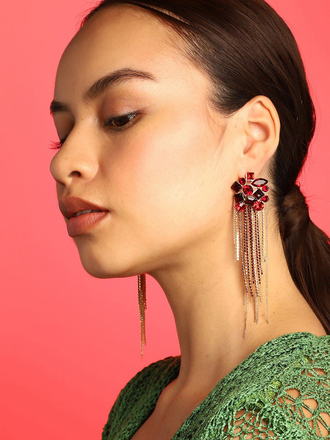 SOHI Gold-Plated & Red Long Dangler Earrings