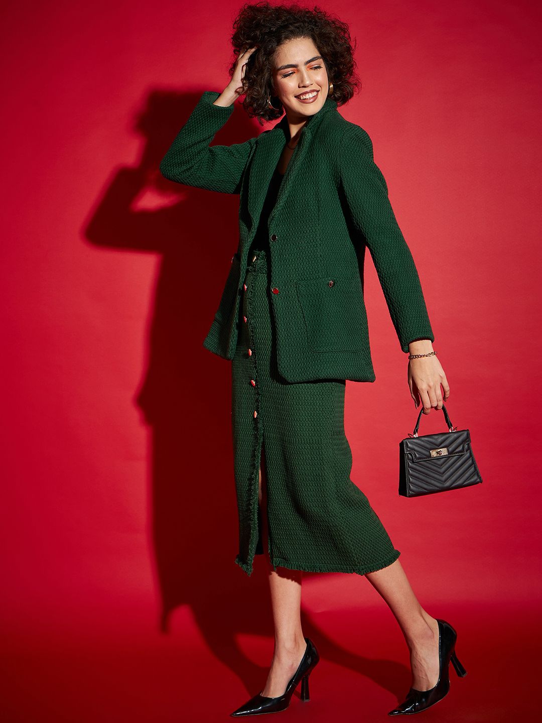 SASSAFRAS Green Self Design Notched Lapel Collar Pure Cotton Single-Breasted Blazer