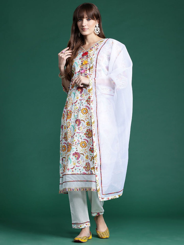 Indo Era Floral Printed Sequinned Pure Cotton Kurta With Trousers & Dupatta