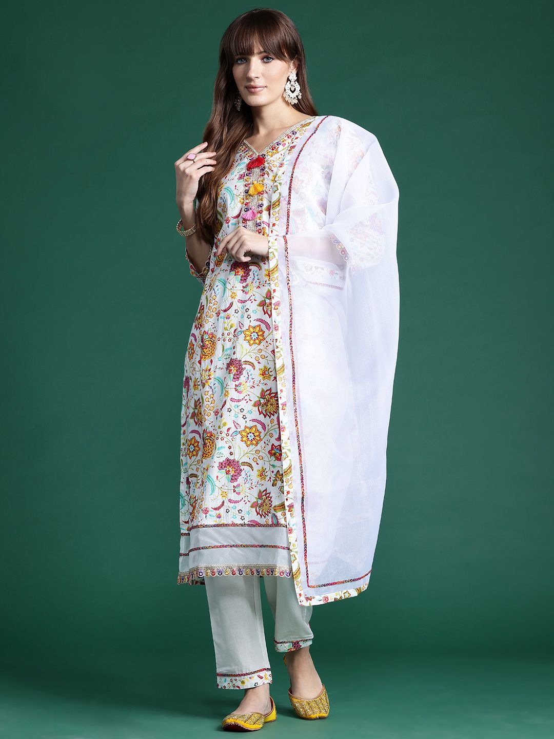 Indo Era Floral Printed Sequinned Pure Cotton Kurta With Trousers & Dupatta
