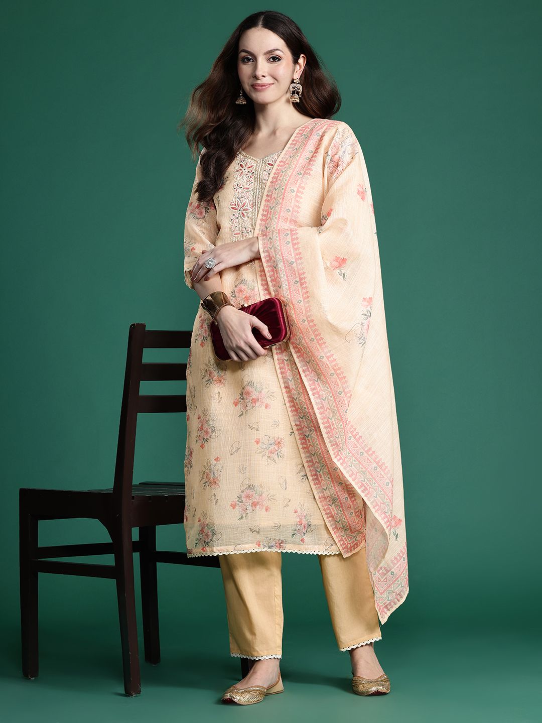 Indo Era Floral Embroidered Sequinned Linen Kurta with Trousers & With Dupatta