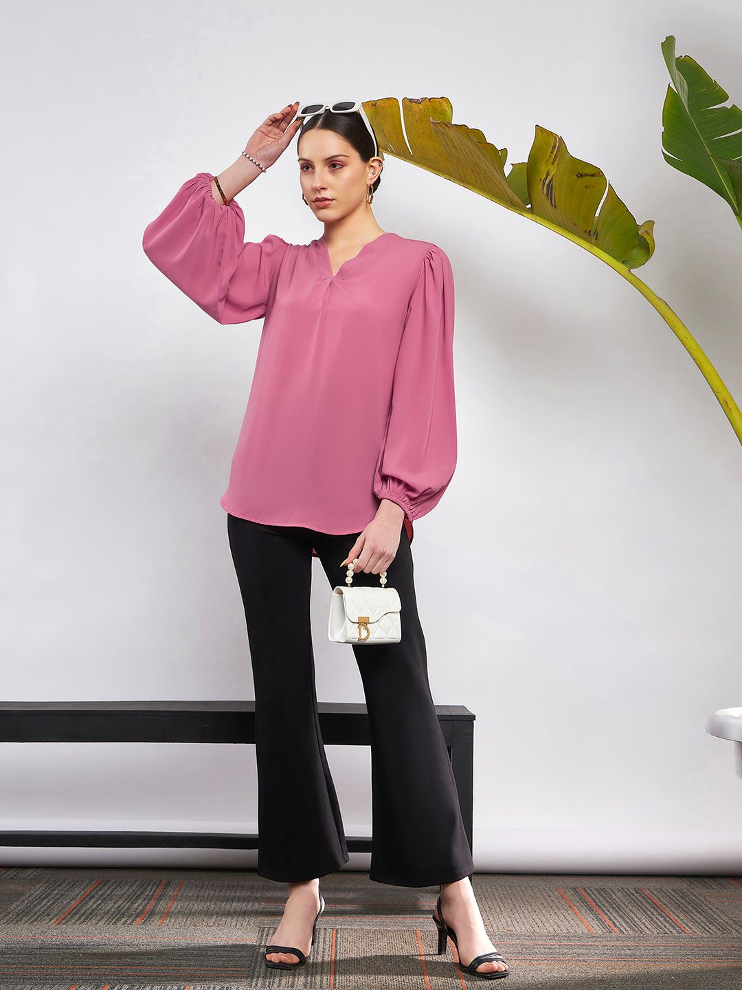 SASSAFRAS Mandarin Collar Puff Sleeve Georgette Top