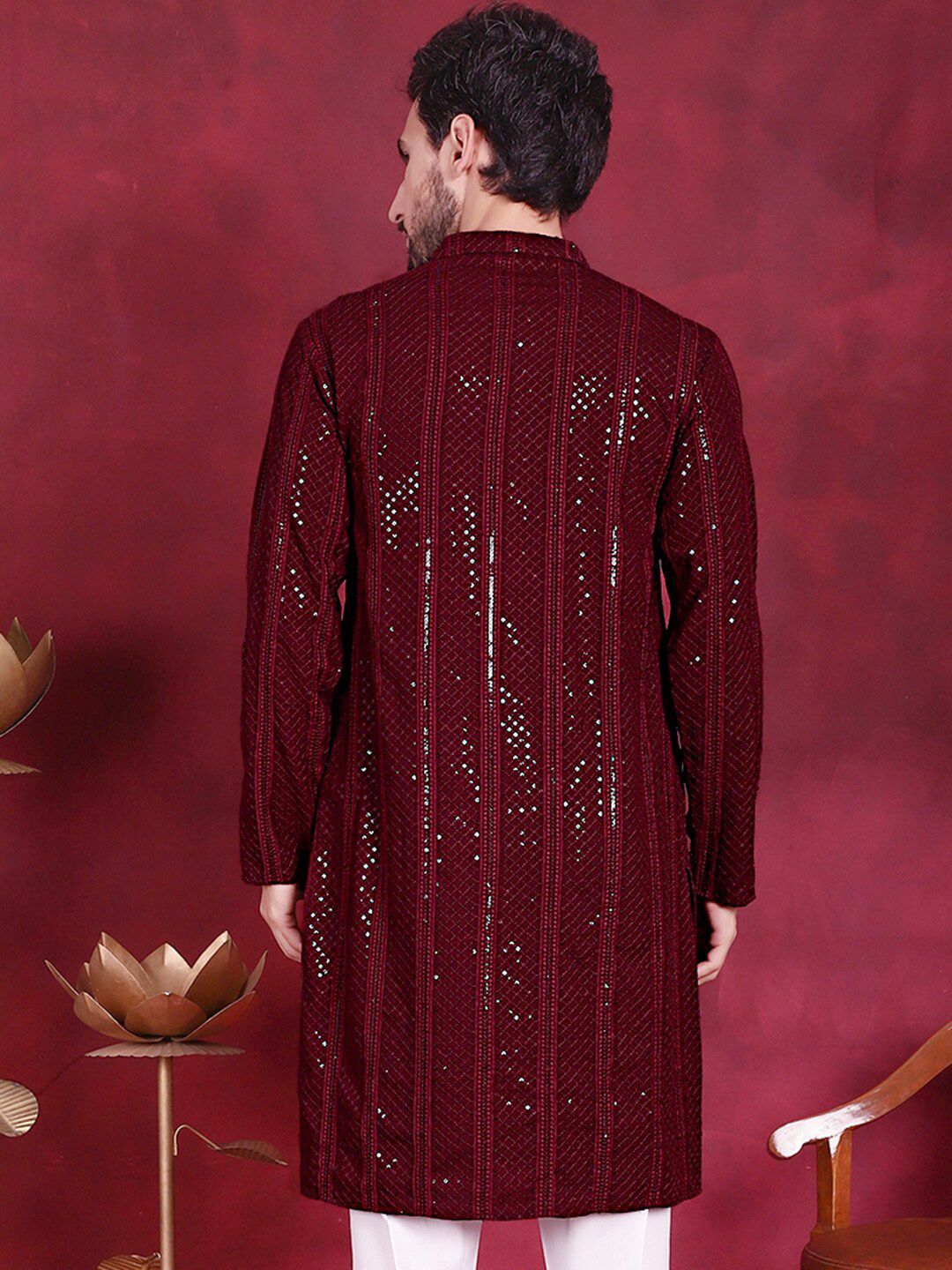 Jompers Geometric Embroidered Band Collar Chikankari Kurta