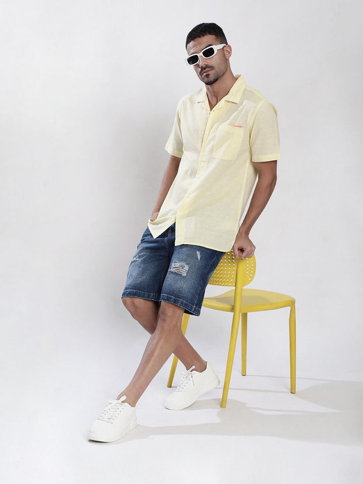 Bene Kleed Men Cuban Collar Cotton Linen Casual Shirt