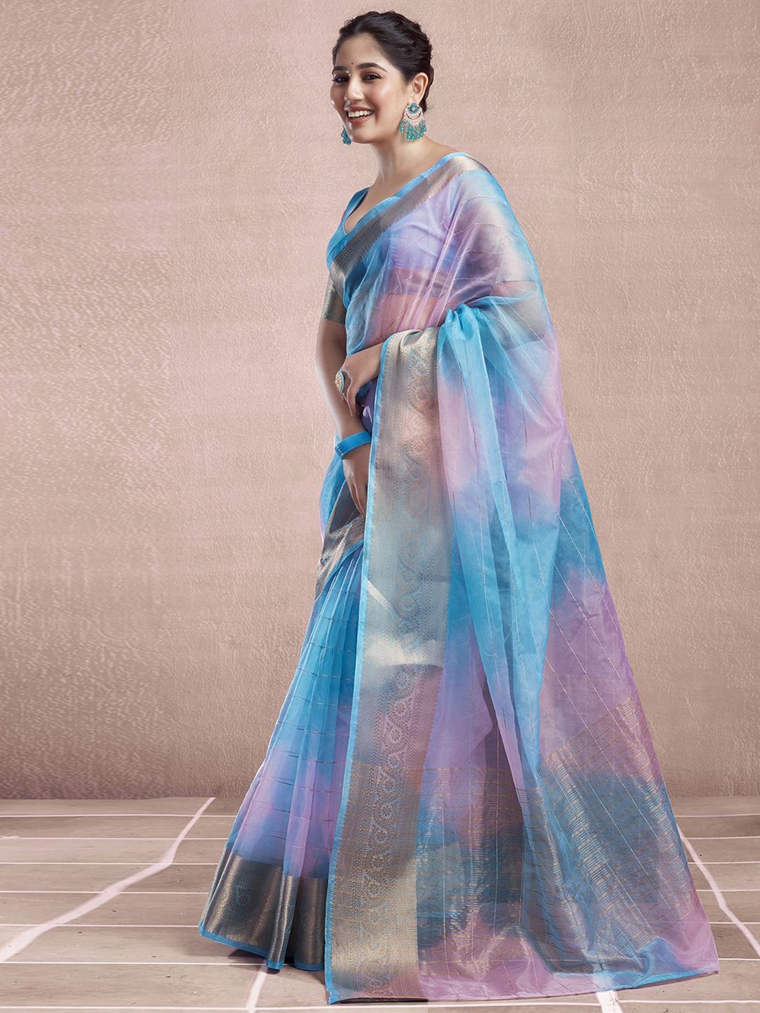 KALINI Ombre Printed Zari Organza Dabu Saree