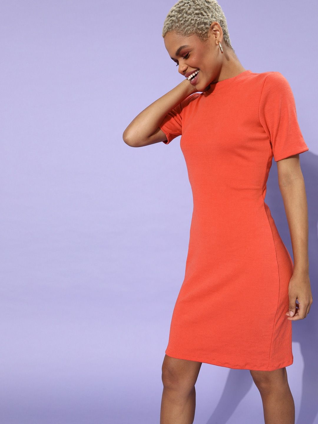 Athena Women Bright Orange Solid Knitted Dress