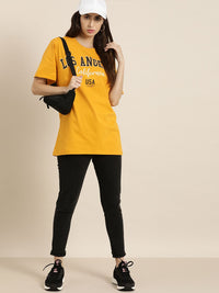 DILLINGER Women Mustard Yellow Typography Printed Drop-Shoulder Sleeves Oversized T-shirt