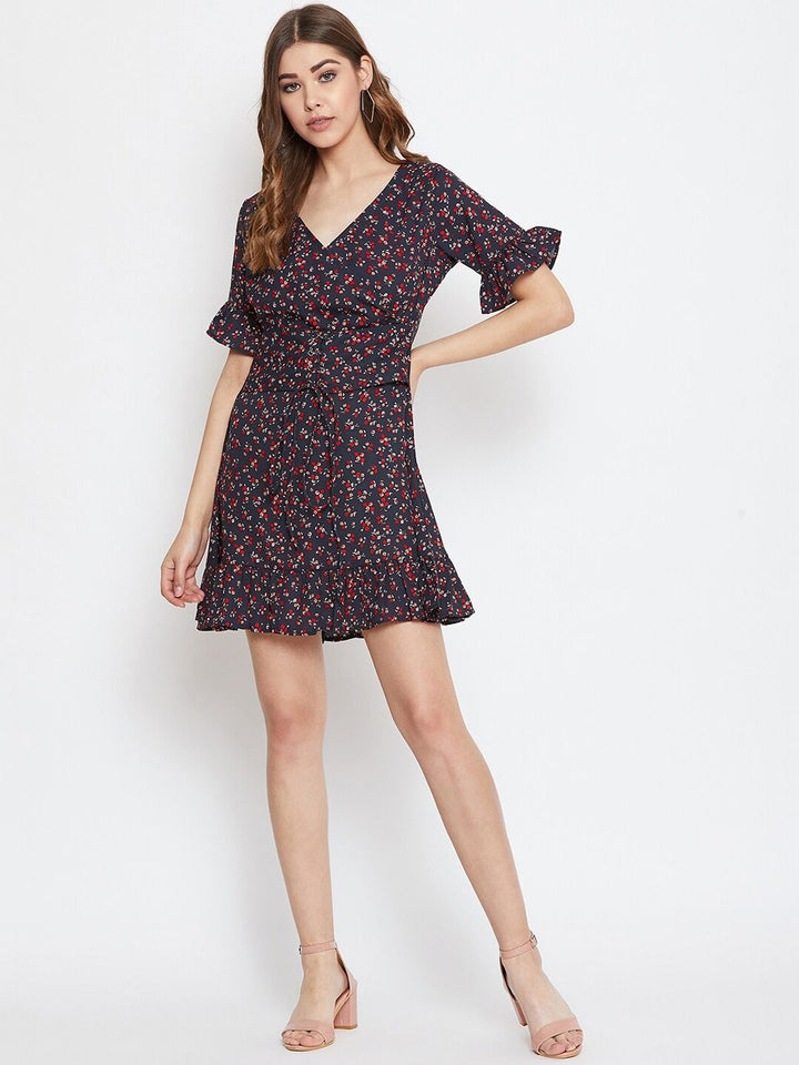 Berrylush Women Navy Blue & Red Micro Floral Printed Fit and Flare Dress