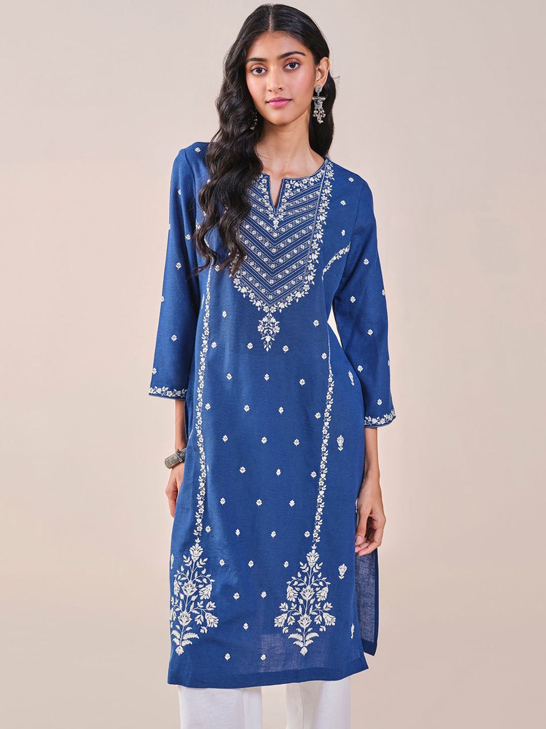 Global Desi Floral Embroidered Notched Neck Straight Kurta