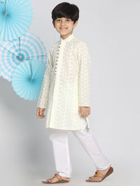 VASTRAMAY Boys Yellow & White Self Design Kurta with Pyjamas