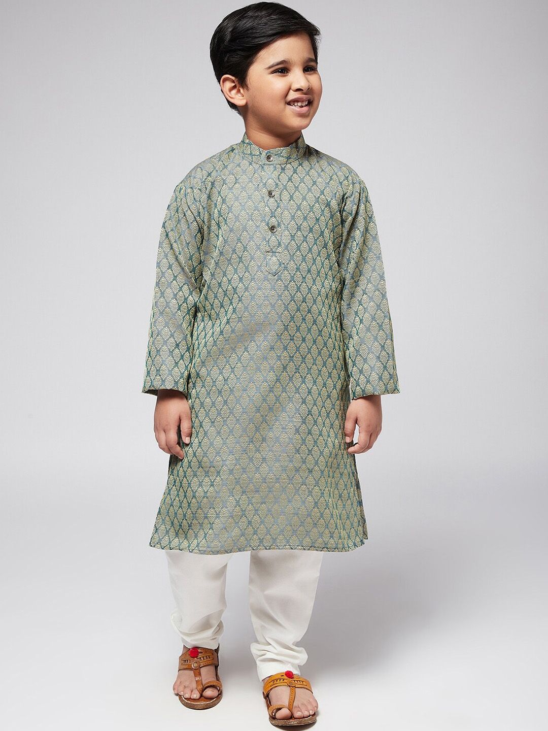 SOJANYA Boys Teal Green & Gold-Toned Ethnic Motifs Jacquard Kurta