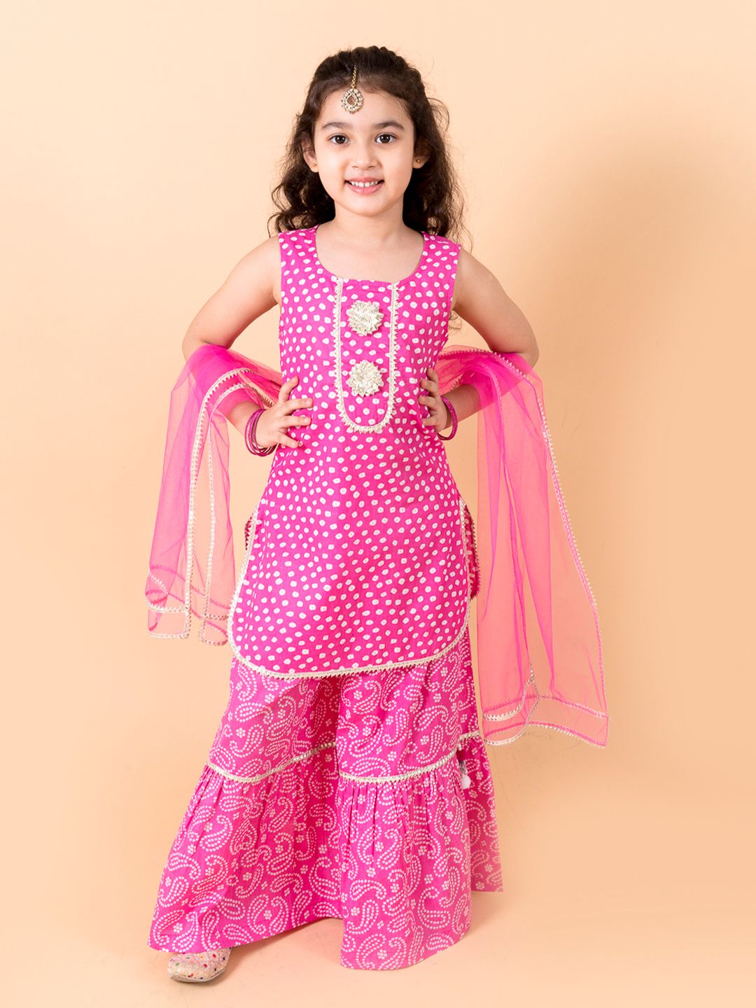 pspeaches Girls Purple Ethnic Motifs Printed Pure Cotton Kurta with Sharara & With Dupatta