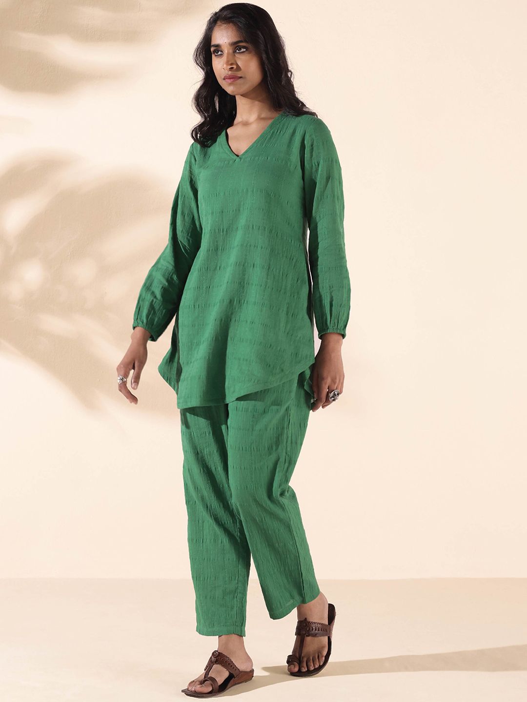 trueBrowns Malang Woven Design Pure Cotton Tunic & Trousers Co-Ords Set